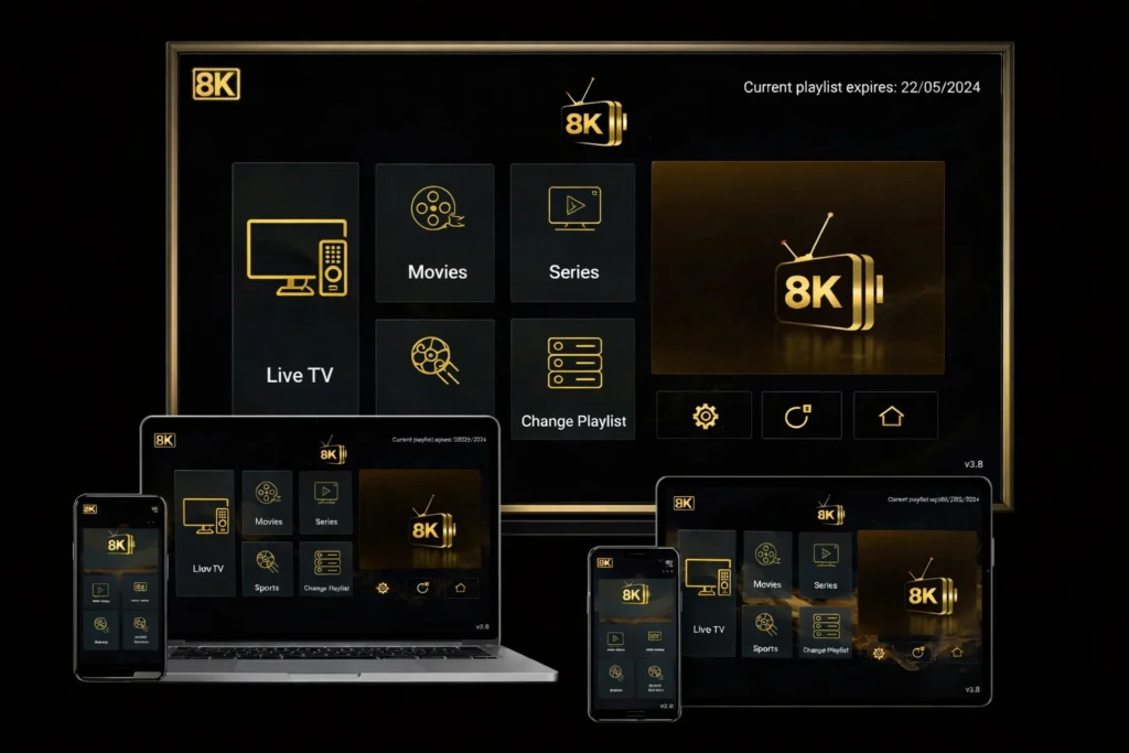 8K IPTV app dashboard displayed on TV, laptop, tablet, and smartphone with live TV, movies, series, and sports