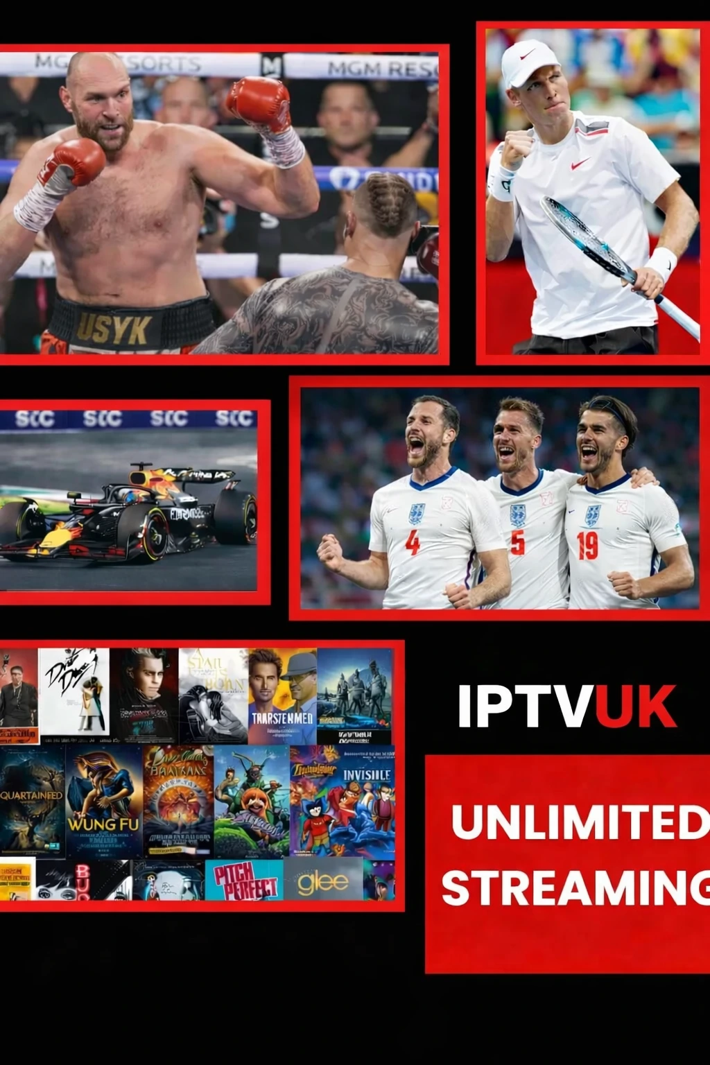 IPTV Providers UK streaming service showcasing live sports, football, boxing, Formula 1, and unlimited movies in HD and 4K quality
