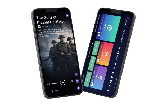 Best IPTV UK mobile app showing a new 2026 movie on a smartphone with IPTV dashboard interface