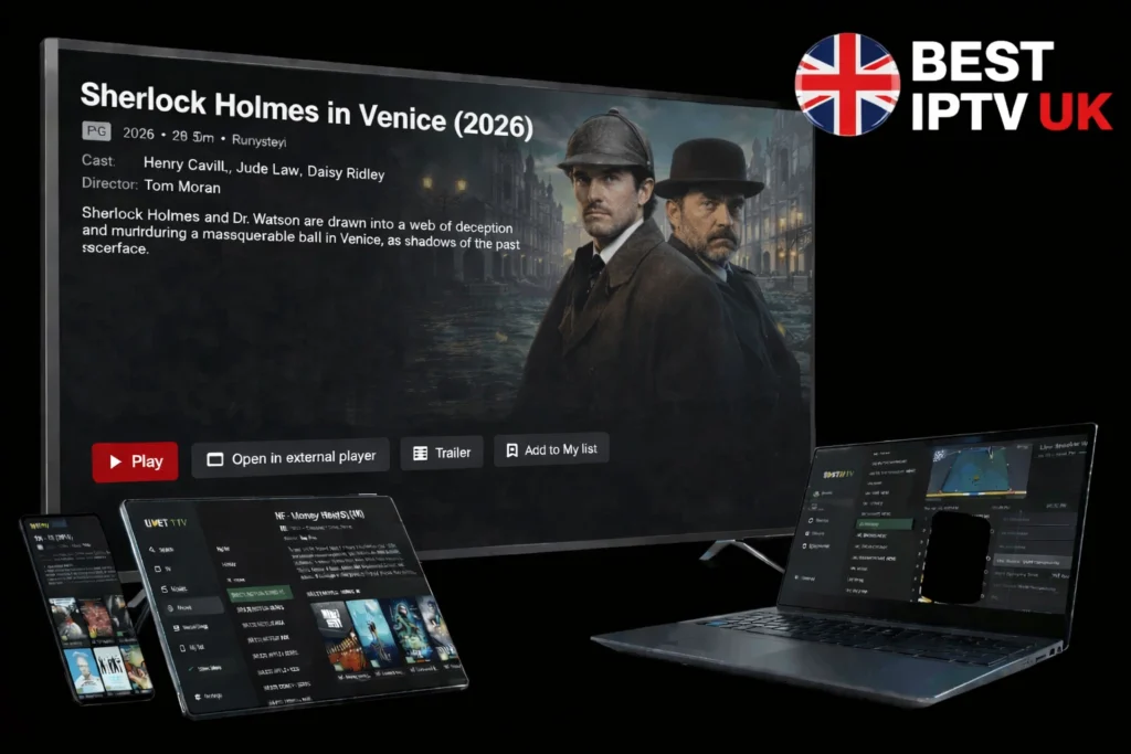 Best IPTV UK streaming service displayed on TV, laptop, tablet, and smartphone with a red play button and 2026 movie interface